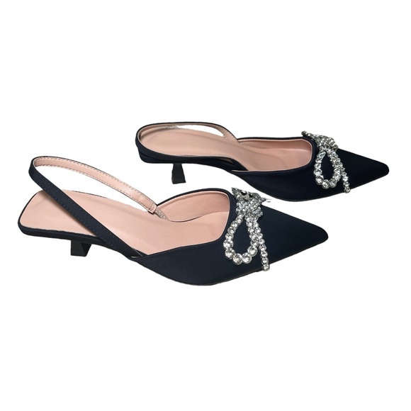 NWT Black Kitten Sling Back Heel With Rhinestone Bow On Toe Size EUR 38 US 7.5 - Picture 6 of 10